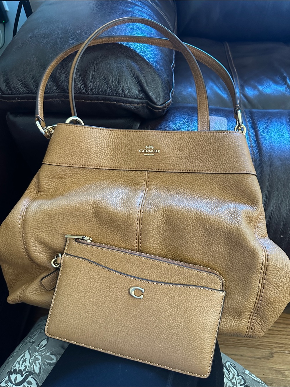 Coach Cognac Pebbled Leather Shoulder Bag with Gold Hardware with wallet